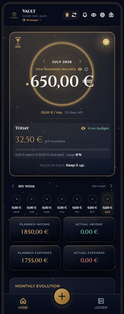Ozorys home screen at full size: the living ring of your money left to live on, today's budget and the month's figures