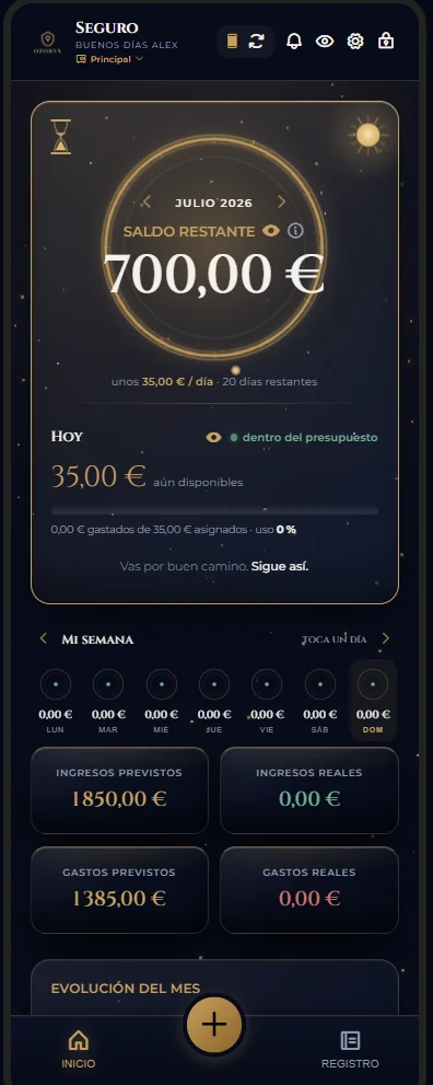 Pantalla de inicio de Ozorys a tamaño real: el anillo vivo del dinero para vivir, el presupuesto del día y las cifras del mes